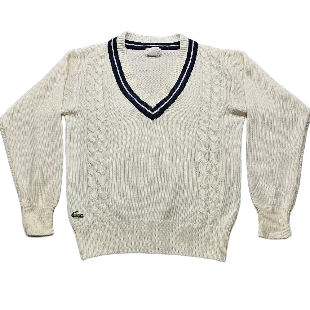 IZOD Lacoste Sweater Mens Medium Cream Cable-Knit V-Neck Patch Alligator Logo